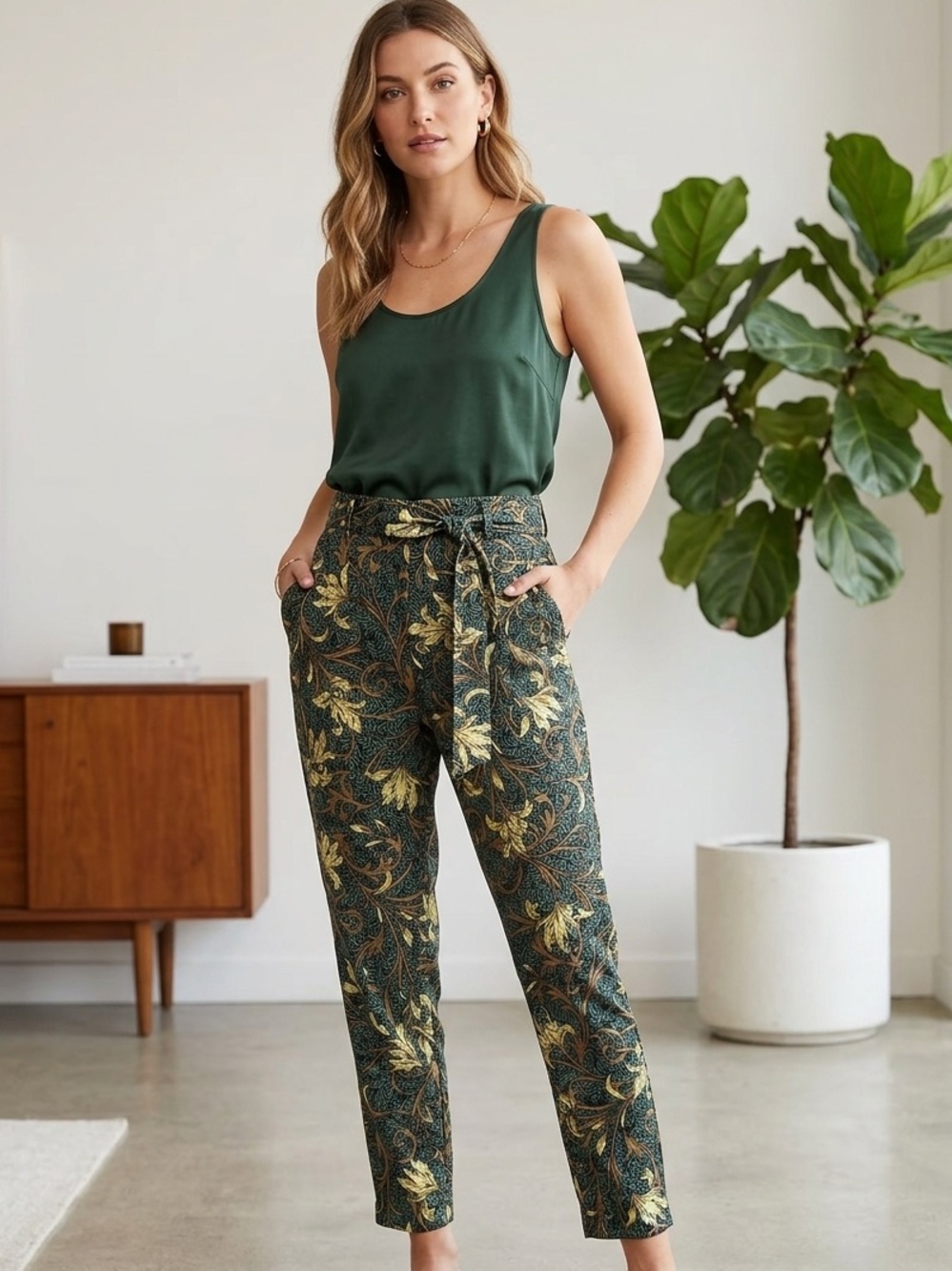 Zara Basic Leaf-Print Skirt - Teal, Tan & Yellow
